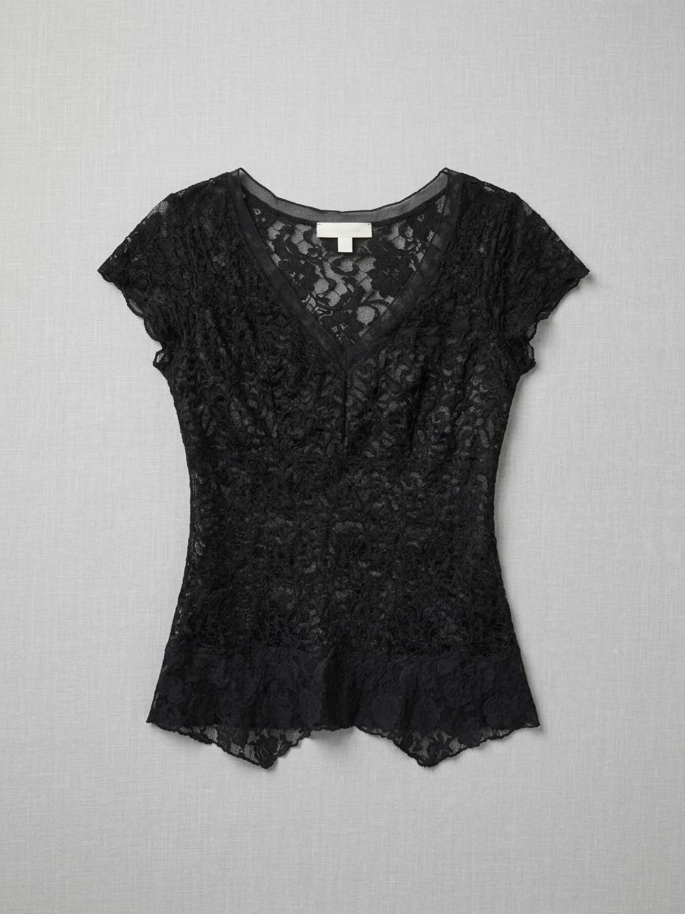 Papillon Blanc Black Floral Lace Short Sleeve V-Neck Top Whimsigoth Y2K